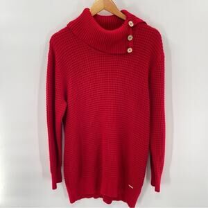 Calvin Klein Red Chunky Knit Sweater Gold Button Detail Size XL